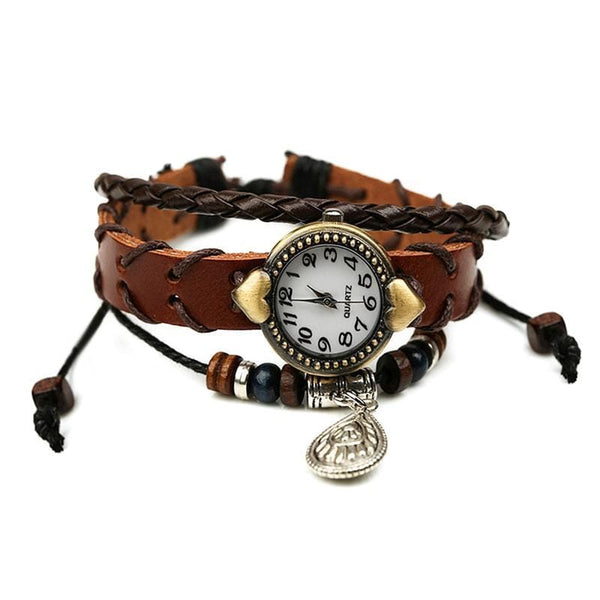 Bracelets Retro Water Drop Pendant Wooden Beads Leather Bracelet Watch TIY