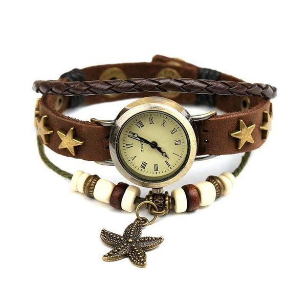 Unique Starfish Pendant Beaded Leather Multilayer Bracelet Watch