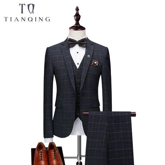 Brand Men Suit 2018 New Arrival Men Suit 3 Pieces Classic Plaid Suits Men Business Wedding Suits Slim Fit Men Tuexdo Party Dress-Navy Blue-XL-JadeMoghul Inc.