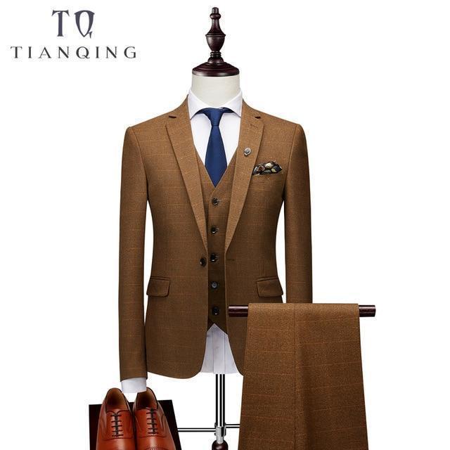 Brand Men Suit 2018 New Arrival Men Suit 3 Pieces Classic Plaid Suits Men Business Wedding Suits Slim Fit Men Tuexdo Party Dress-Yellow-XL-JadeMoghul Inc.