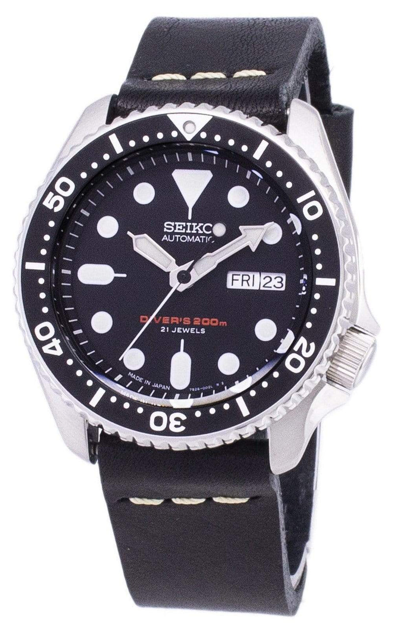 Branded Watches Seiko Automatic SKX007J1-LS14 Diver's 200M Japan Made Black Leather Strap Men's Watch Seiko