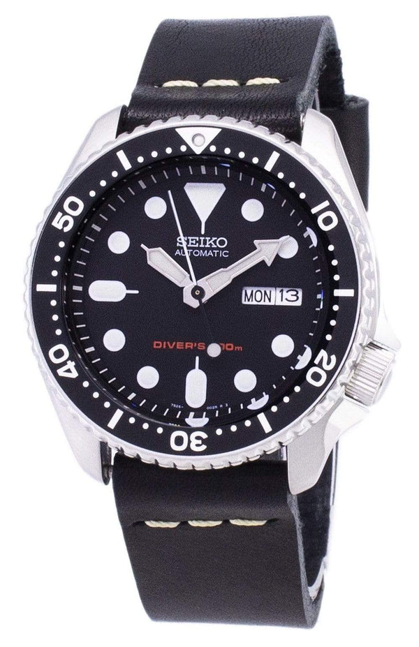 Branded Watches Seiko Automatic SKX007K1-LS14 Diver's 200M Black Leather Strap Men's Watch Seiko