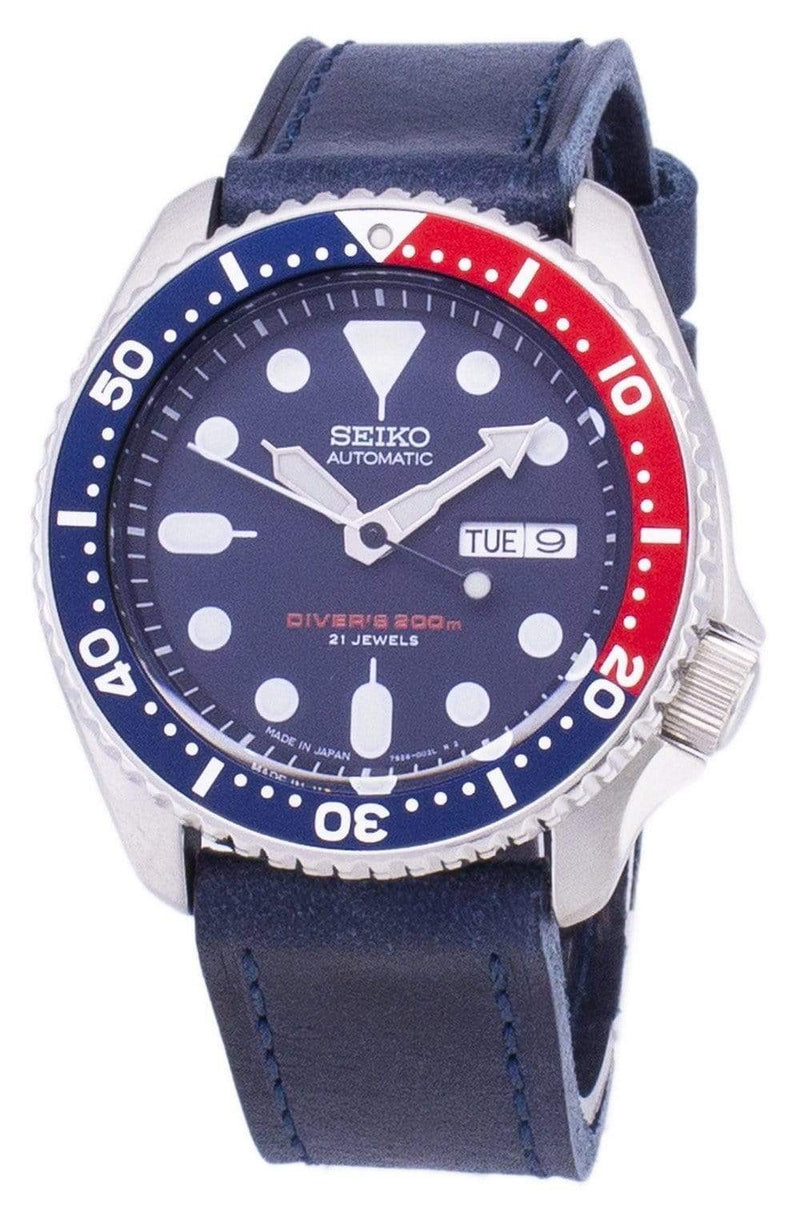 Branded Watches Seiko Automatic SKX009J1-LS13 Diver's 200M Dark Blue Leather Strap Men's Watch Seiko