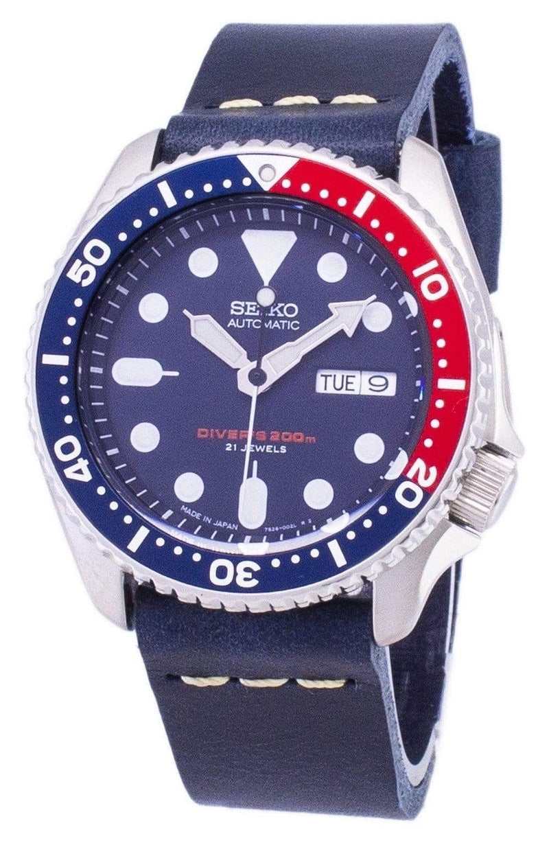 Branded Watches Seiko Automatic SKX009J1-LS15 Diver's 200M Dark Blue Leather Strap Men's Watch Seiko