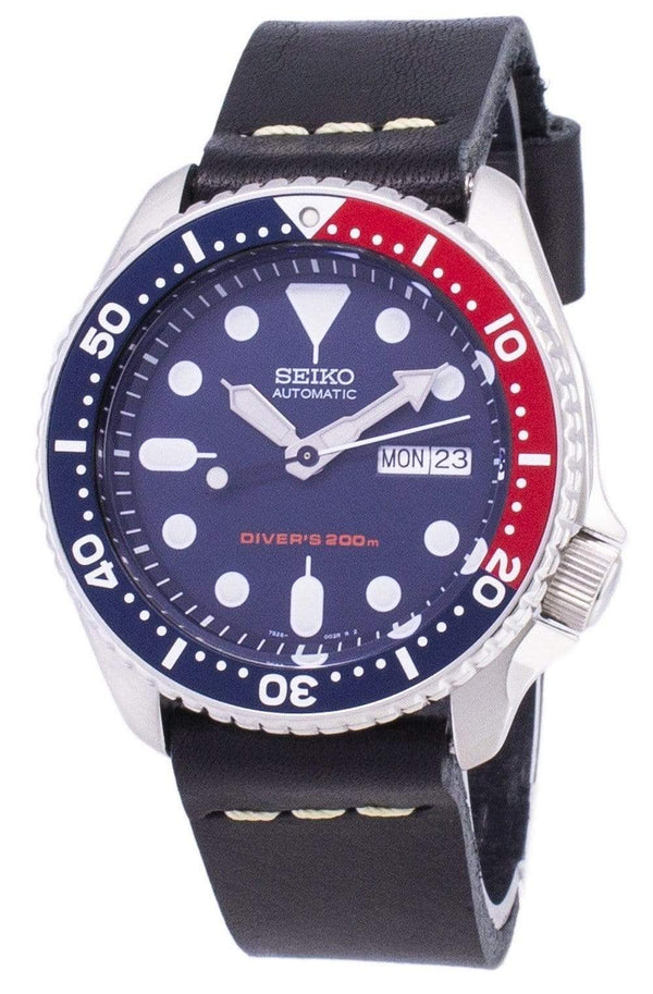 Branded Watches Seiko Automatic SKX009K1-LS14 Diver's 200M Black Leather Strap Men's Watch Seiko