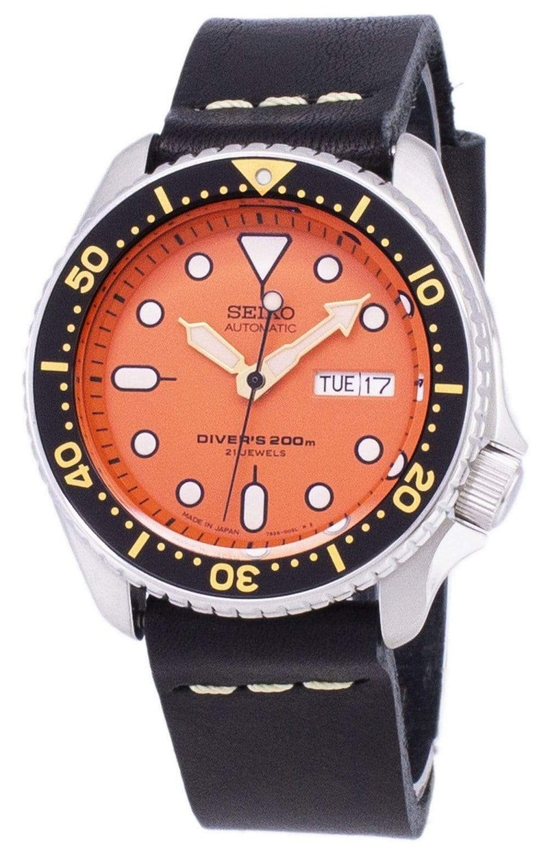 Branded Watches Seiko Automatic SKX011J1-LS14 Diver's 200M Japan Made Black Leather Strap Men's Watch Seiko