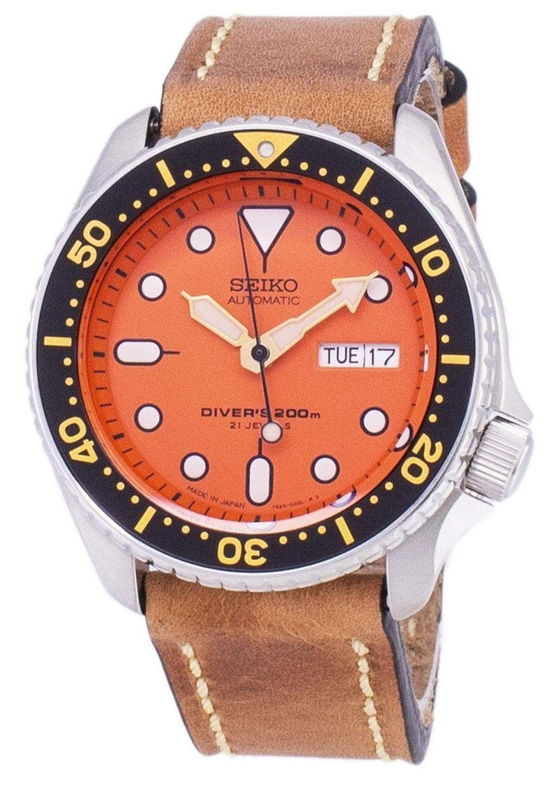 Branded Watches Seiko Automatic SKX011J1-LS17 Diver's 200M Japan Made Brown Leather Strap Men's Watch Seiko