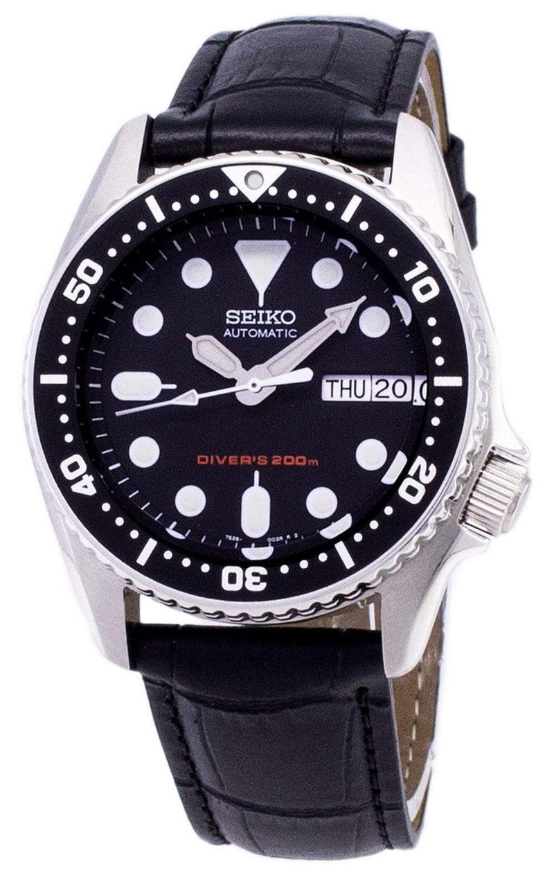 Branded Watches Seiko Automatic SKX013K1-MS1 Diver's 200M Black Leather Strap Men's Watch Seiko