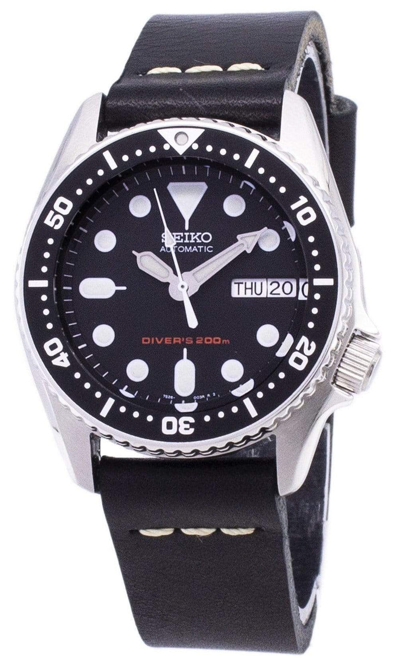 Branded Watches Seiko Automatic SKX013K1-MS8 Diver's 200M Black Leather Strap Men's Watch Seiko