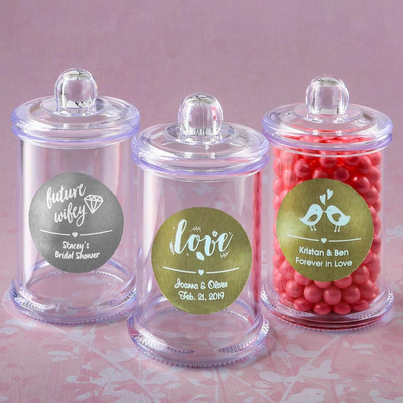 Bridal Shower Decorations Personalized metallic collection clear acrylic apothecary jar with lid Fashioncraft