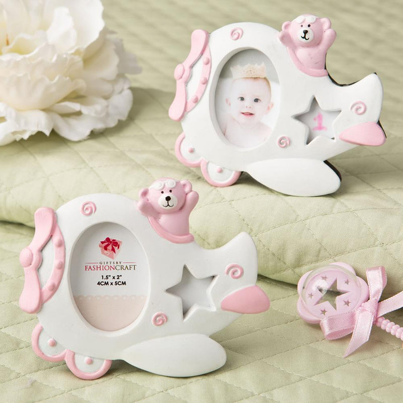 Bridal Shower Decorations Pink Airplane design photo frame with adorable Teddy bear decoration. Fashioncraft
