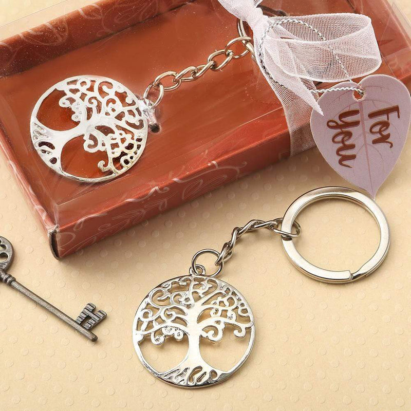 Bridal Shower Decorations Silver tree of life and family key chain Fashioncraft