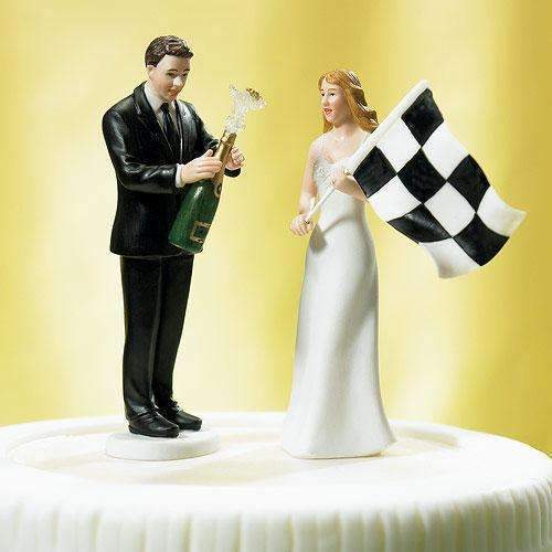 Bride at Finish Line with Victorious Groom Figurine Bride "At the Finish Line" with the Checkered Flag (Pack of 1)-Wedding Cake Toppers-JadeMoghul Inc.