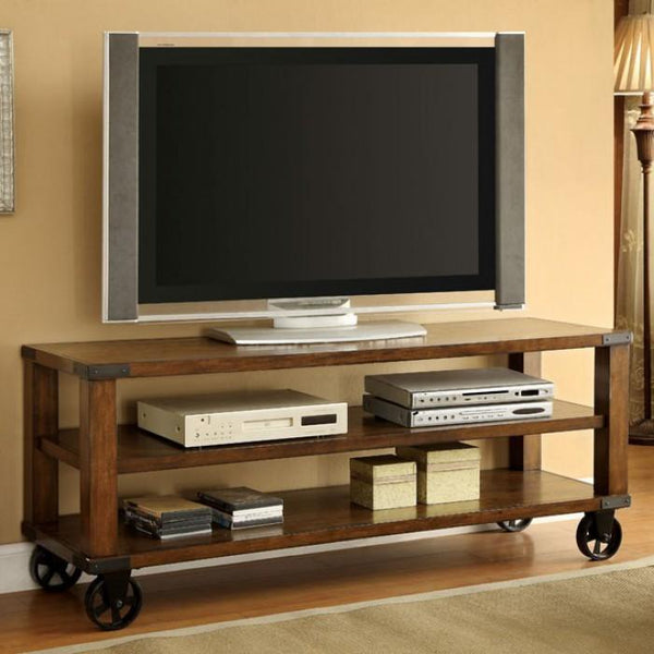 Broadus II Classy Wheely 60" Tv Console, Dark Oak Finish-Entertainment Centers and Tv Stands-Dark Oak-Metal Solid Wood Wood Veneer & Others-JadeMoghul Inc.