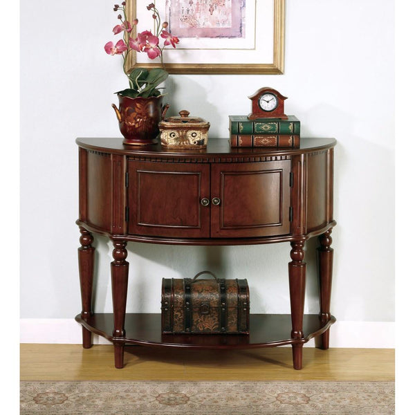 Brown Wooden Console Table With Curved Front & Inlay Shelf-Console Tables-brown-Wood-JadeMoghul Inc.