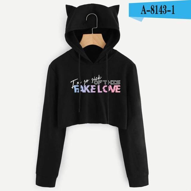 BTS Album Love Yourself Tear Fake Love Kpop Long Sleeve Cropped Hoodies Sweatshirt Women Cat Hooded Pullover Crop Tops Clothes-black 1-L-JadeMoghul Inc.