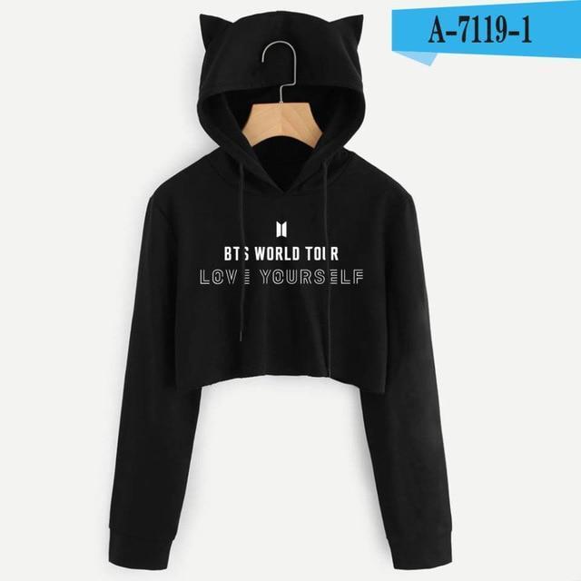 BTS Album Love Yourself Tear Fake Love Kpop Long Sleeve Cropped Hoodies Sweatshirt Women Cat Hooded Pullover Crop Tops Clothes-black 3-L-JadeMoghul Inc.