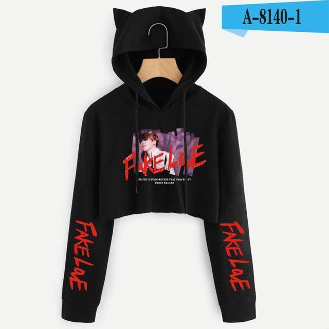 BTS Album Love Yourself Tear Fake Love Kpop Long Sleeve Cropped Hoodies Sweatshirt Women Cat Hooded Pullover Crop Tops Clothes-black 9-L-JadeMoghul Inc.