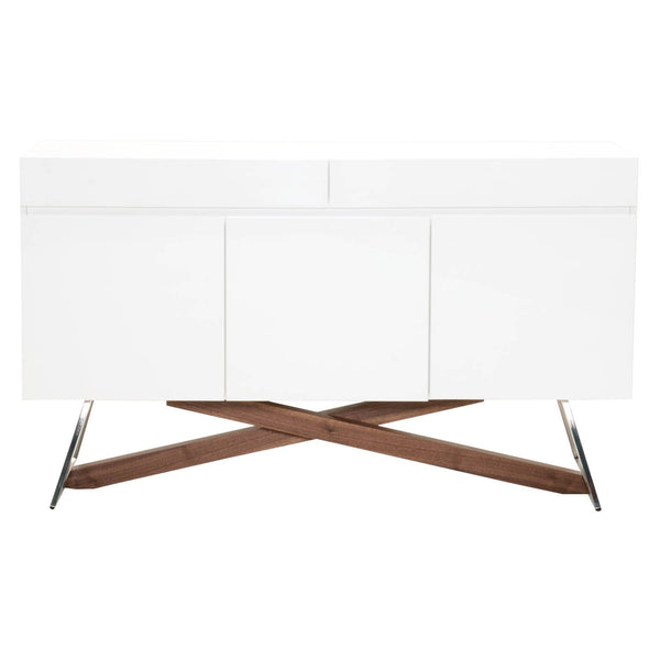 Buffet With Wooden Base Glossy White and Walnut Brown-Buffets and Sideboards-White & Brown-Stainless Steel Walnut Veneer over MDF-JadeMoghul Inc.