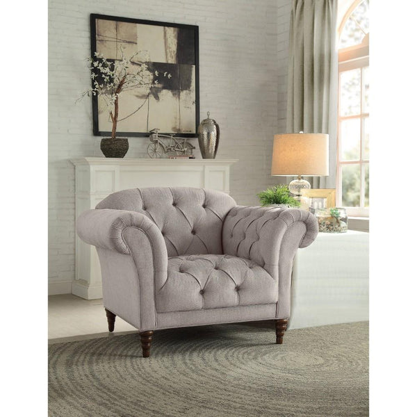 Button Tufted Accent Chair with Turned Legs, Light Gray and Brown-Living Room Furniture-Gray and Brown-Polyester Wood-JadeMoghul Inc.