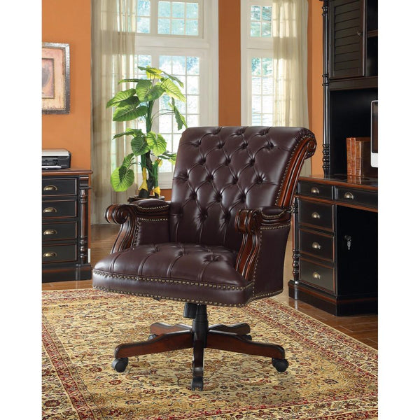 Button Tufted Executive Home Office Wooden Chair with Vinyl like Leather Upholstery, Dark Brown-Desks and Hutches-DARK BROWN-Vinyl like Leather and Wood-JadeMoghul Inc.