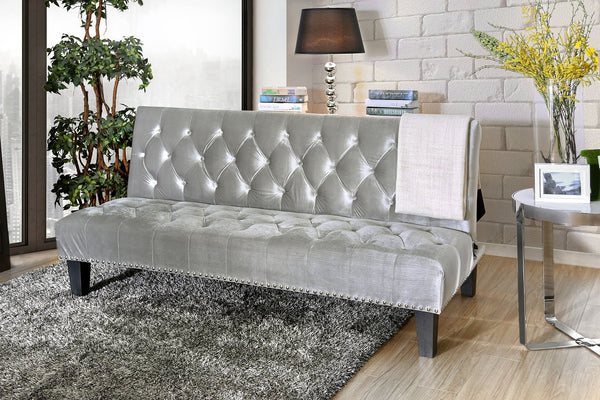 Button Tufted Fabric Upholstered Futon Sofa with Nail head Trim Detail, Gray-Living Room Furniture-Gray-Flannelette Fabric and Wood-JadeMoghul Inc.
