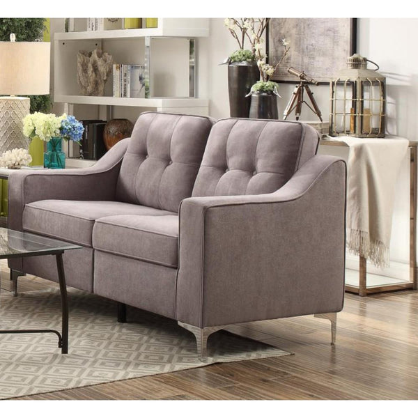 Button Tufted Fabric Upholstered Love Seat With Chrome Legs, Gray-Living Room Furniture-Gray-Fabric and Metal-JadeMoghul Inc.