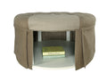 Button Tufted Fabric Upholstered Ottoman With Open Bottom Shelf, Brown-Ottoman-Brown-Fabric and Wood-JadeMoghul Inc.