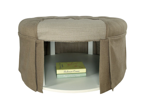 Button Tufted Fabric Upholstered Ottoman With Open Bottom Shelf, Brown-Ottoman-Brown-Fabric and Wood-JadeMoghul Inc.