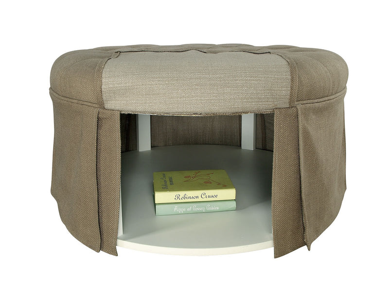Button Tufted Fabric Upholstered Ottoman With Open Bottom Shelf, Brown-Ottoman-Brown-Fabric and Wood-JadeMoghul Inc.