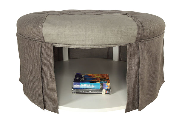 Button Tufted Fabric Upholstered Ottoman With Open Bottom Shelf, Gray-Ottoman-Gray-Fabric and Wood-JadeMoghul Inc.