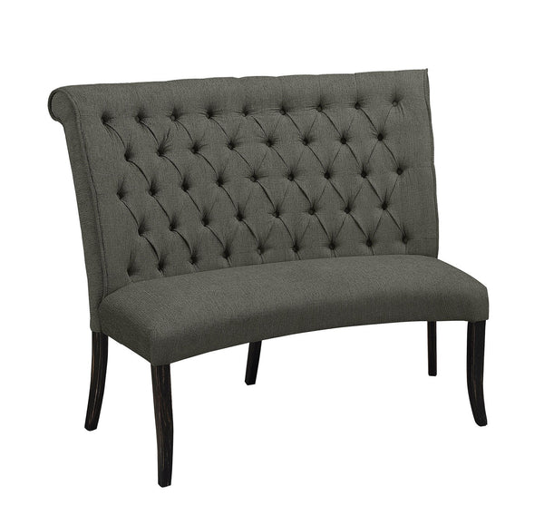 Button Tufted Fabric Upholstered Wooden Love Seat Bench, Gray and Black-Benches-Gray and Black-Chenille Fabric and Wood-JadeMoghul Inc.