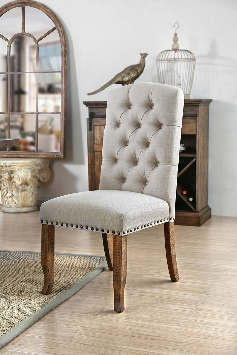 Button Tufted Fabric Upholstery Side Chair, Cream And Brown, Pack Of Two-Dining Chairs-Cream And Brown-Fabric and Solid Wood-JadeMoghul Inc.