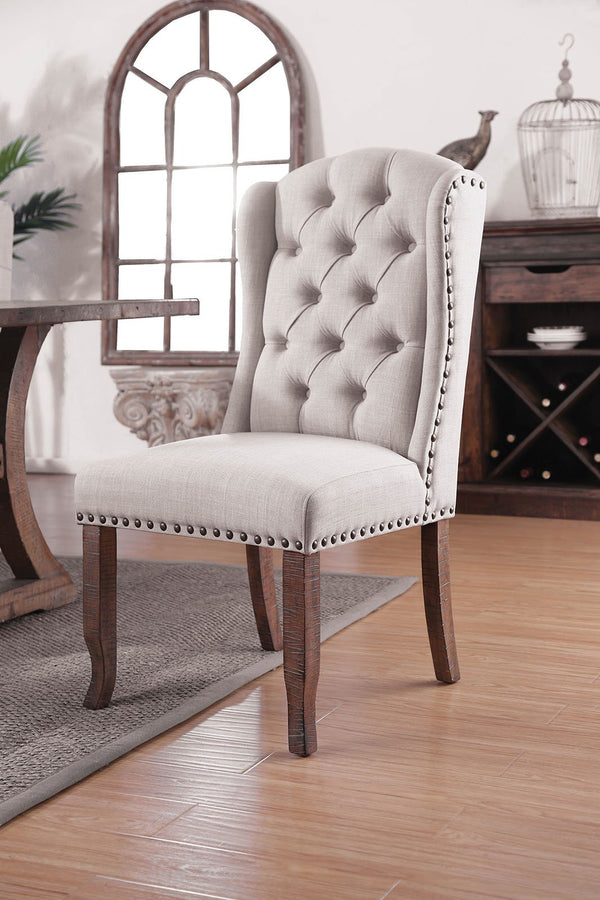 Button Tufted Fabric Upholstery Wingback Chair, Cream And Brown, Pack Of Two-Chairs-Cream And Brown-Fabric and Solid Wood-JadeMoghul Inc.