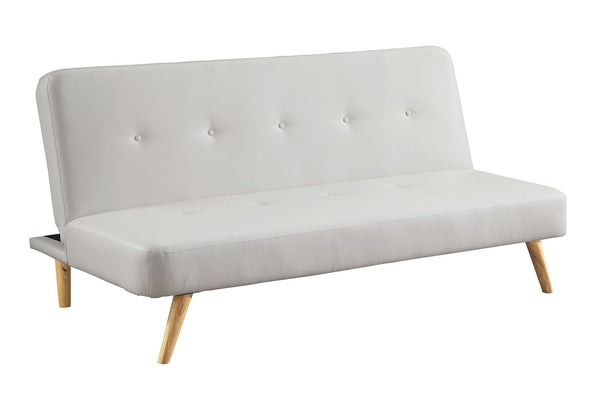 Button Tufted Leatherette Upholstered Futon Sofa with Wooden Legs, White-Living Room Furniture-White-Faux Leather and Wood-JadeMoghul Inc.
