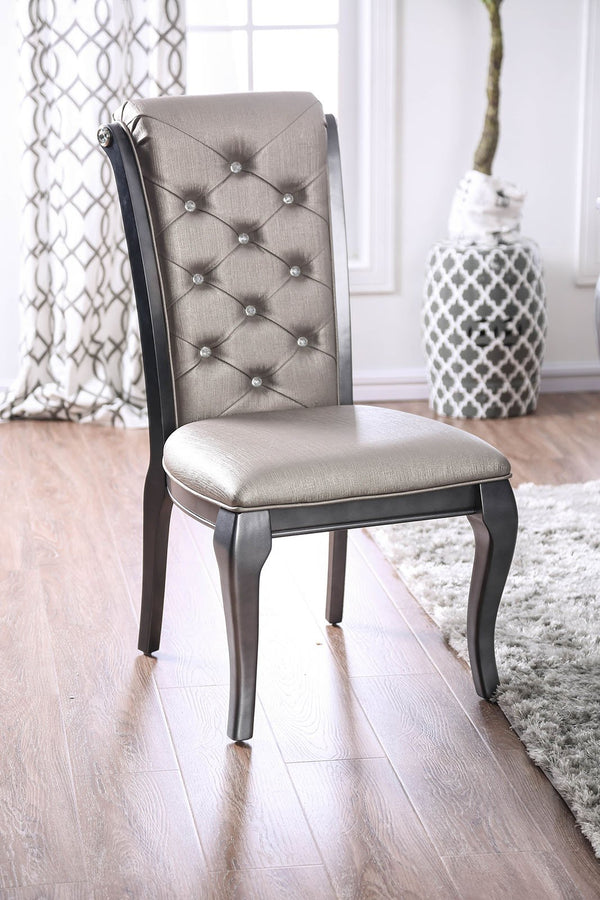 Button Tufted Leatherette Upholstered Wooden Side Chair with Scrolled Back, Pack of Two, Gray-Living Room Furniture-Gray-Faux Leather Solid Wood-JadeMoghul Inc.