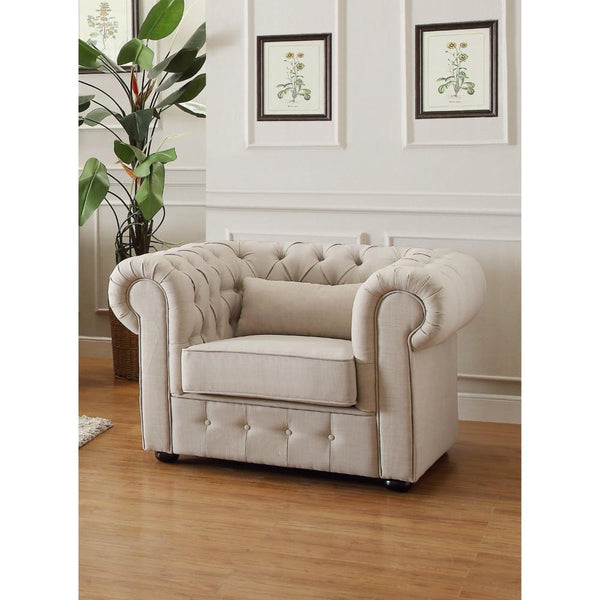 Button Tufted Rolled Arm Accent Chair, Beige-Living Room Furniture-Beige-Wood Fabric-JadeMoghul Inc.