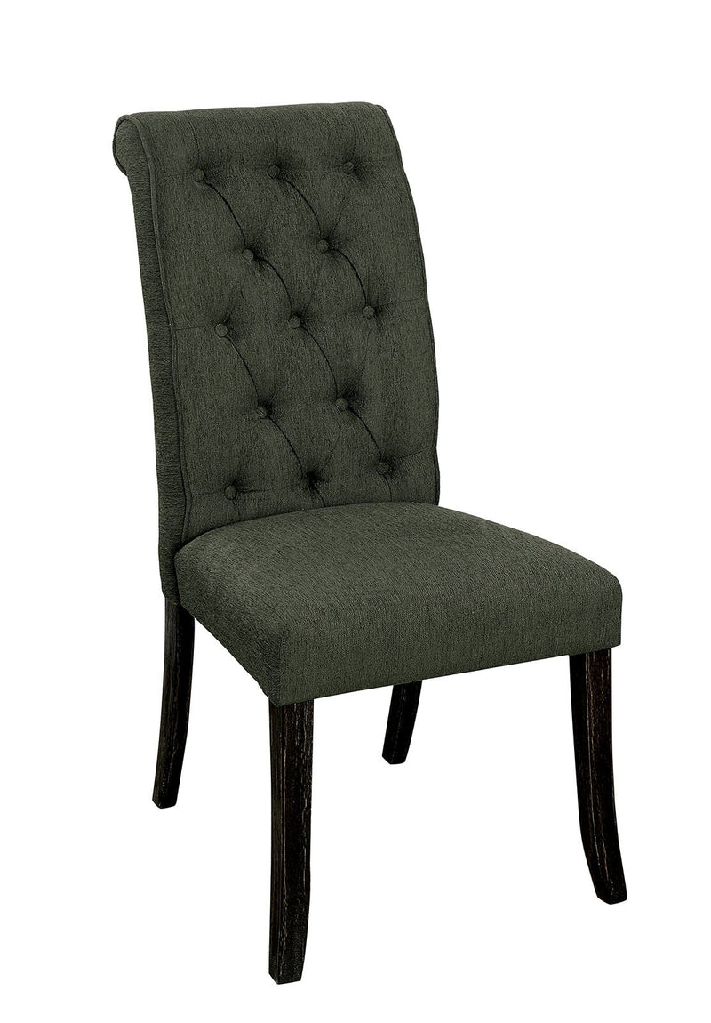 Button Tufted Wooden Fabric Upholstered Side Chair, Gray, Pack Of Two-Dining Chairs-Gray And Black-Fabric and wood-JadeMoghul Inc.