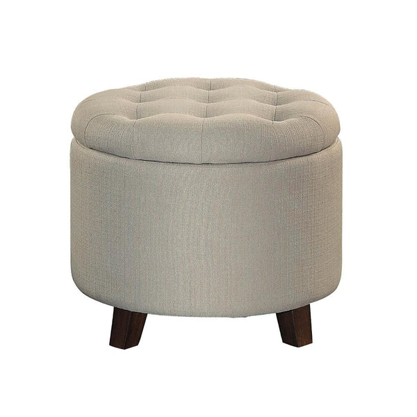 Button Tufted Wooden Round Storage Ottoman Upholstered In Fabric, Beige & Brown-Ottoman-Beige-Wood & Fabric-JadeMoghul Inc.