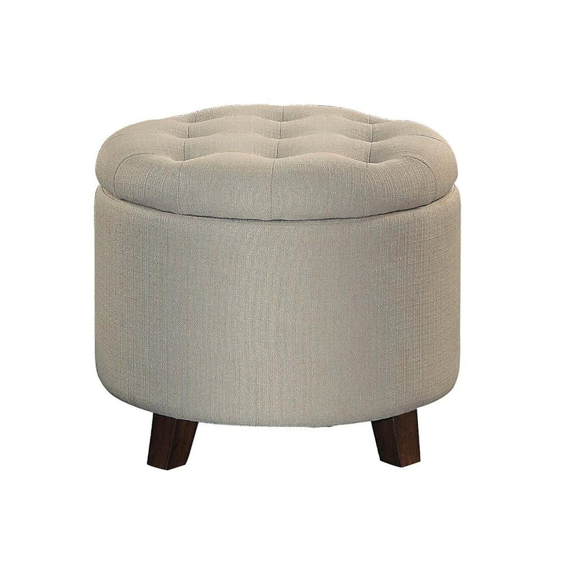 Button Tufted Wooden Round Storage Ottoman Upholstered In Fabric, Beige & Brown-Ottoman-Beige-Wood & Fabric-JadeMoghul Inc.