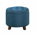 Button Tufted Wooden Round Storage Ottoman Upholstered In Fabric, Blue & Brown-Ottoman-Blue-Wood & Fabric-JadeMoghul Inc.