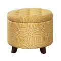 Button Tufted Wooden Round Storage Ottoman Upholstered In Fabric, Yellow & Brown-Ottoman-Yellow-Wood & Fabric-JadeMoghul Inc.