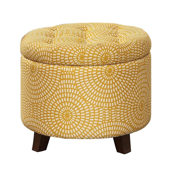 Button Tufted Wooden Round Storage Ottoman Upholstered In Fabric, Yellow & Brown-Ottoman-Yellow-Wood & Fabric-JadeMoghul Inc.