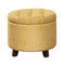 Button Tufted Wooden Round Storage Ottoman Upholstered In Fabric, Yellow & Brown-Ottoman-Yellow-Wood & Fabric-JadeMoghul Inc.