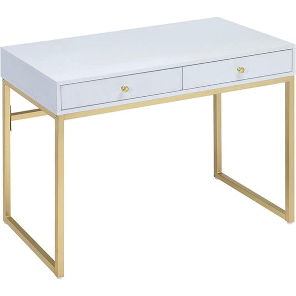Cabinet and Storage Chests Rectangular Two Drawer Wooden Desk With Metal Sled Legs, White And Gold Benzara
