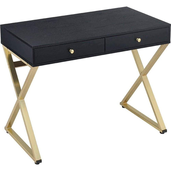 Cabinet and Storage Chests Rectangular Two Drawer Wooden Desk With "X" Shape Metal Legs, Black And Gold Benzara