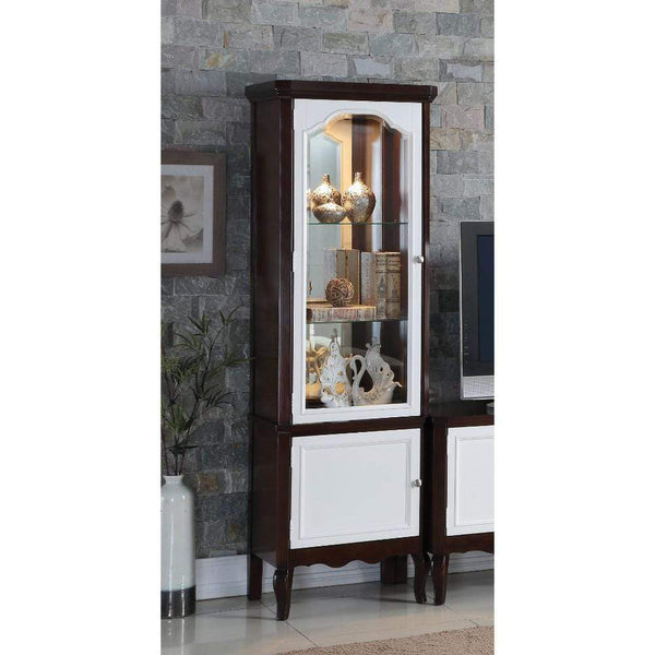 Cabinet and Storage Chests Single Glass Door Wooden Curio Cabinet With Mirrored Back Panel, Brown And White Benzara