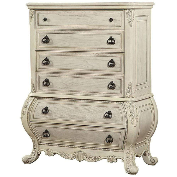 Cabinet and Storage Chests Six Drawer Wooden Chest With Scrolled Feet, Antique White Benzara