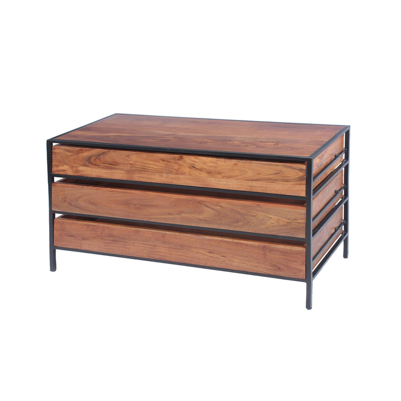 Cabinet and Storage Chests Spacious Three Drawer Acacia Wood Chest With Iron Framework, Brown and Black Benzara