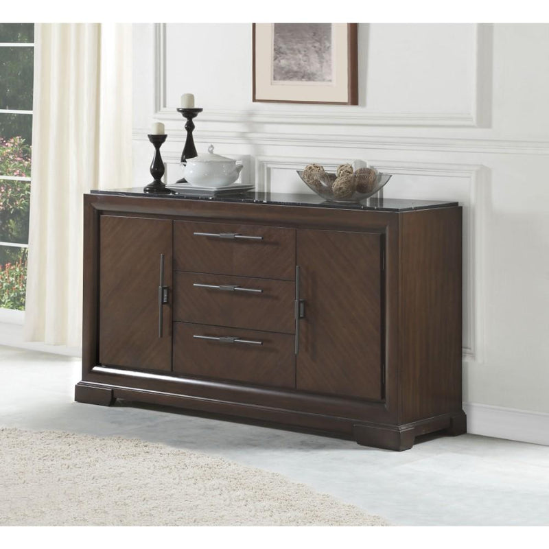 Three Drawers Wooden Server with Marble Top, Brown